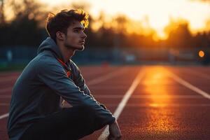 Young attractive guy sitting at open city stadium before training at sunset. photo