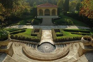 Top view of old fountain building with gazebo and oval steps. Concept of architecture of past times and travels. Generated by artificial intelligence photo