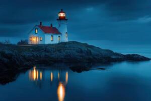 House with a lighthouse in the twilight of a quiet harbor. Generated by artificial intelligence photo