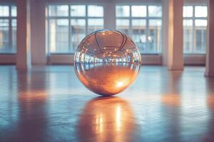 Mirror disco ball lies on the floor in an empty dance studio. Dance lessons photo