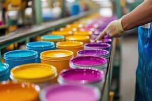 Cans of industrial paint in different colors travel on a conveyor belt in a factory. Factory for the production of paints. photo