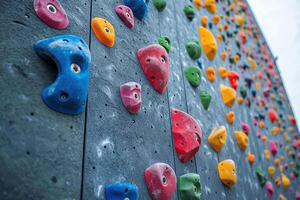 A wall with ledges and grips for rock climbing training. Generated by artificial intelligence photo