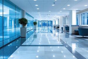 Spacious, bright interior with artificial light and potted plants. Cafe, lobby, office. photo