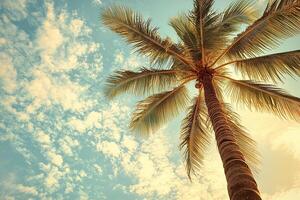 Tall palm tree against a clear blue sky in cinematic style. Palm leaves gently sway in the wind. Tropical paradise. Generated by artificial intelligence photo