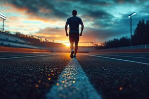 Back view of a man jogging in a stadium in the evening at sunset. Concept of the importance of sports in human life. Generated by artificial intelligence photo