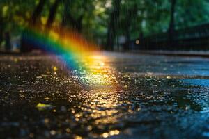 Photo of wet asphalt and rainbow during rain and sun at the same time. Generated by artificial intelligence