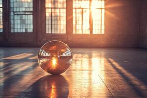 Interior of empty dance studio in grunge style with mirror disco ball lying on the floor. Generated by artificial intelligence photo