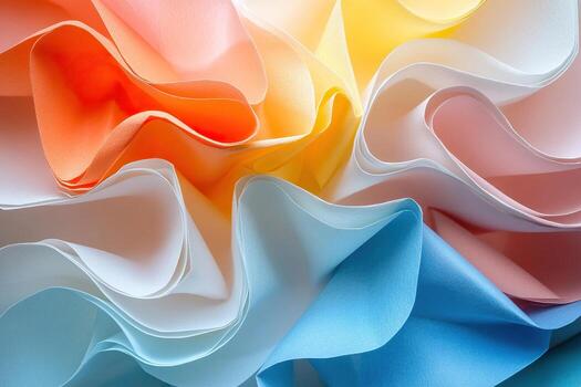 Background macro image of origami from curved sheets of paper. Top view of standing sheets of thick colored paper. Abstract background of paper pages. photo