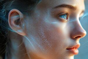 The woman's face is shrouded in neon lines for data reading. Personality recognition system. Personality substitution. Generated by artificial intelligence photo