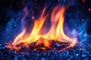 Fire flame with sparks and golden bokeh on blue background. Generated by artificial intelligence photo