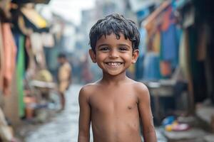 Dark skinned boy without clothes smiling cheerfully standing in slums. Concept of charity and protection of children. Generated by artificial intelligence photo