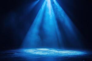 Blue rays of light from spotlights through smoke on a dark stage. Theatre performance. Abstract background. Generated by artificial intelligence photo