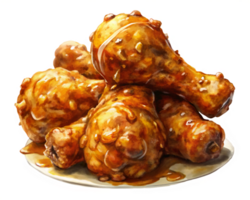 Sweet and savory fried chicken drumstick with a sticky honey glaze on transparent background png