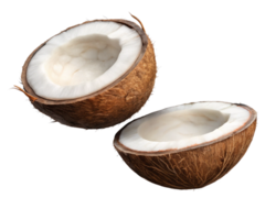 Flying open coconut showing its raw texture on transparent background png