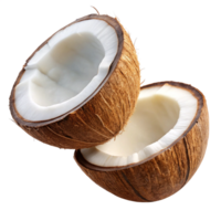 Coconut split mid-air with intricate shell texture on transparent background png