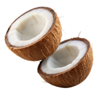 Realistic floating coconut halves with husk detail on transparent background png