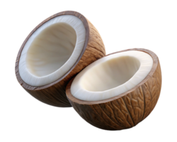 Airborne fresh coconut halves with rough shell on transparent background png