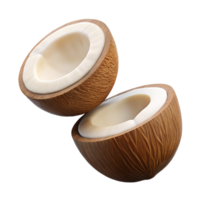 Broken coconut halves captured mid-air on transparent background png