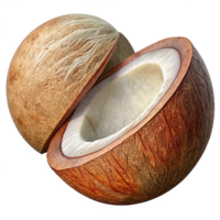 Fresh coconut cut in half dynamically placed on transparent background png