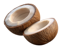 Split coconut floating naturally on transparent background png