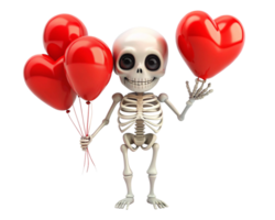 Adorable skeleton happily floating with heart balloons on transparent background png