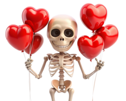 Skeleton character smiling with heart shaped balloons on transparent background png