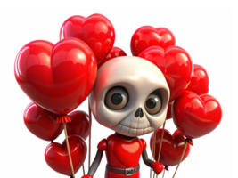 Romantic skeleton with floating heart balloons in hands on transparent background png
