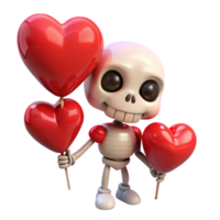 Skeleton joyfully holding floating heart balloons on transparent background png