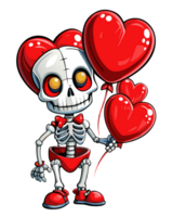 Cartoon skeleton floating with heart balloons on transparent background png