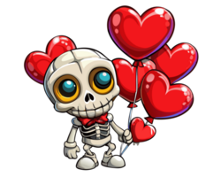 Romantic skeleton with heart shaped balloons on transparent background png