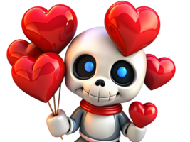 Joyful skeleton with floating heart shaped balloons on transparent background png