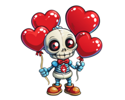 Smiling skeleton with floating heart balloons on transparent background png