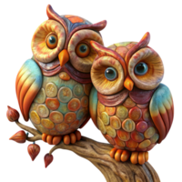 Affectionate owls enjoying each others company on a curvy tree branch in transparent background png
