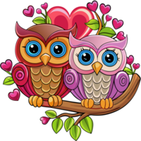 Two affectionate owls perched together on a magical tree branch in transparent background png