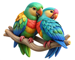 Adorable parrot lovebirds sitting together on a uniquely twisted tree branch in transparent background png