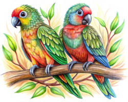 Lovebird parrots sitting closely on a charming tree branch in transparent background png