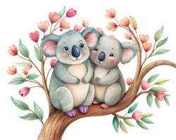 Romantic koalas sitting closely on a fairytale-inspired whimsical branch in transparent background png