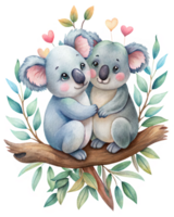 Love-struck koala duo perched gracefully on a unique tree branch in transparent background png
