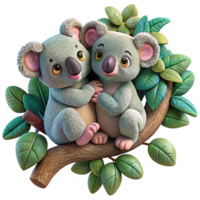 Romantic koalas perched gracefully on an artistic curved tree branch in transparent background png