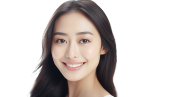 Radiant Asian Woman Smiling with Glowing Skin and Copy Space on Transparent png