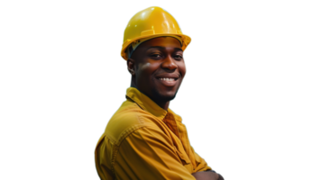 Smiling African American Industrial Worker on Transparent, Dressed in Safety Gear and Hard Hat at Factory png