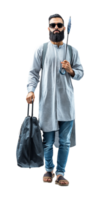 a man with a beard and a bag is walking with a suitcase png