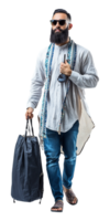 a man with a beard and sunglasses is walking with a bag png