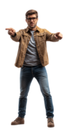 a man in jeans and a jacket pointing at something png