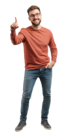 a man in glasses and a red sweater is pointing at something png