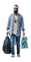 a man with a beard and sunglasses carrying a bag and a bag png