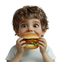 a cute little boy eating a hamburger on a transparent background png
