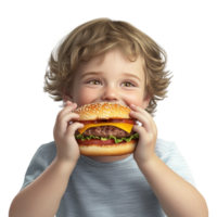a little boy eating a hamburger on a transparent background png