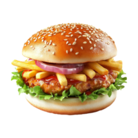 a hamburger with fries and onions on it png