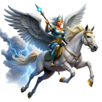 dramatic contemporary A Fierce Valkyrie Riding a Winged Horse T high quality png